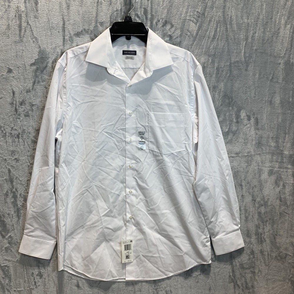 Van Heuson Men's Button Up Shirt Long Sleeve Regular Fit White M‎ Wrinkle Free
